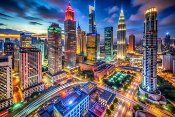 A high angle view of a brightly lit city skyline at dusk with many skyscrapers and light trails