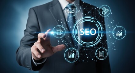 SEO Specialist Manages Digital Marketing Optimization, Analytics, and Business Growth with Technology Icons