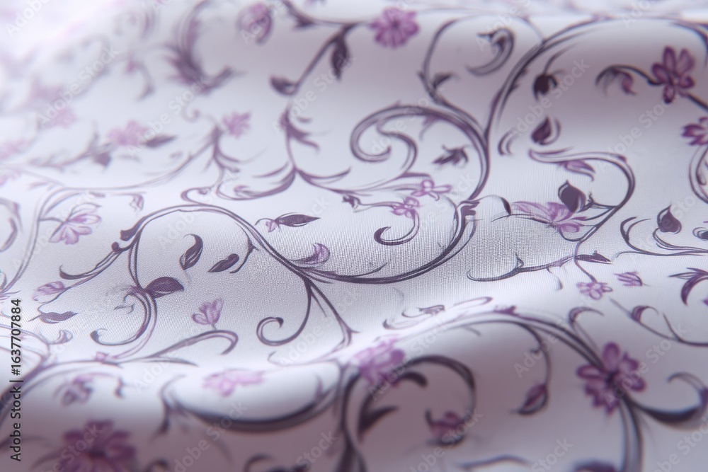 Poster elegant floral fabric with intricate patterns and delicate colors displayed on a soft texture