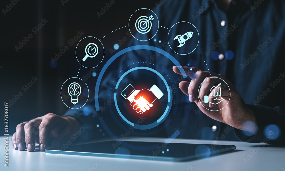Poster digital handshake and business strategy icons concept on futuristic interface with man interacting u