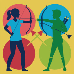 Stock image of a hunter with a rifle and a person with a bow and arrow silhouette illustration