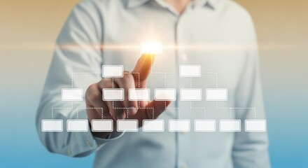 Business Professional Interacting with Virtual Organizational Chart, Representing Company Structure and Hierarchy, Modern Technology Interface