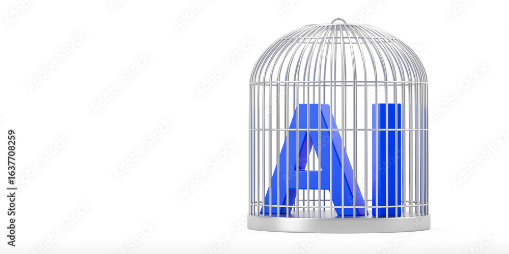 Poster artificial intelligence trapped in cage symbolizing limitations and ethical constraints of ai techno