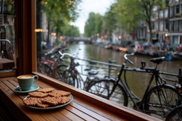 Obraz premium A canal-side Amsterdam café table scene: Stroopwafel and coffee on a small table by a large window, overlooking blurred bicycles and canal houses reflected in water, with cloudy blue sky and sunlight.
