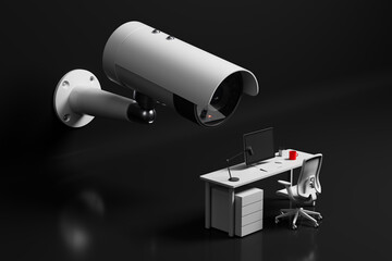 Giant surveillance camera watching minimalist office desk with modern equipment and red cup,...