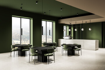 Contemporary green-themed cafe interior with minimalist furniture, pendant lighting and panoramic...