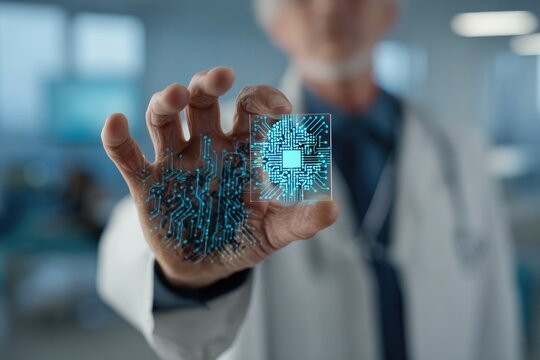 Doctor's hand holding holographic brain chip in medical setting