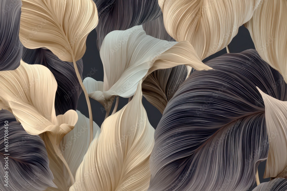 Poster delicate abstract representation of leaves showcasing intricate details and soft colors against a da