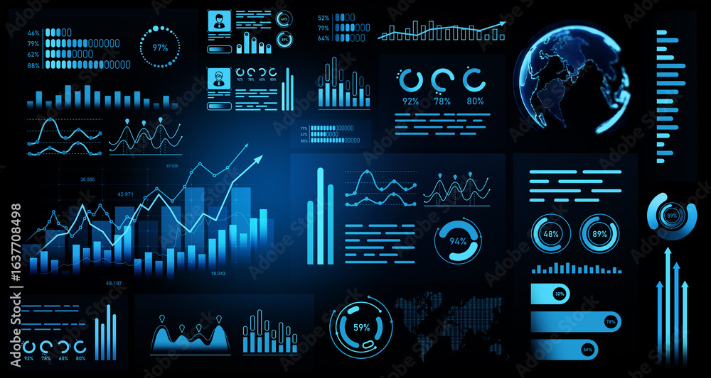 Poster futuristic dashboard interface with data analytics elements and global business infographics in glow