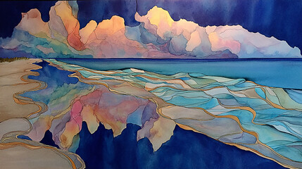 Serene coastal landscape with vibrant clouds reflecting on calm waters, evoking tranquility