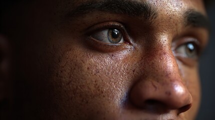Obraz premium Captivating gaze of a person lost in thought showing raw emotion and inner reflection with a close up perspective under
