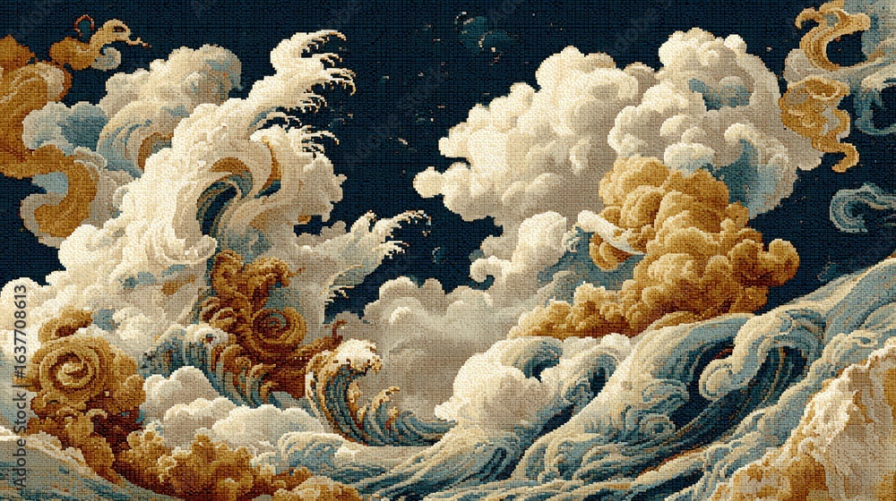Poster dynamic waves surge and curl in a textured, mosaic-like composition, evoking a sense of powerful nat