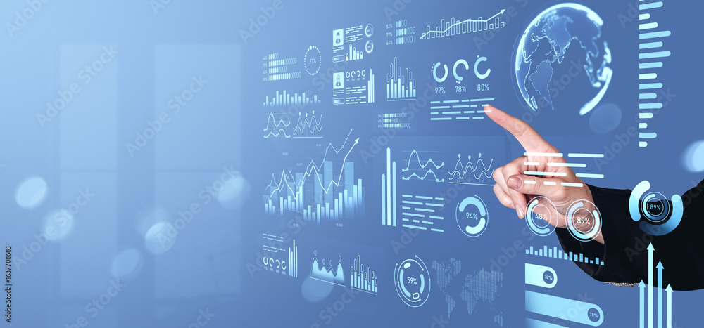 Aufkleber business analytics dashboard with hand interacting with futuristic interface.