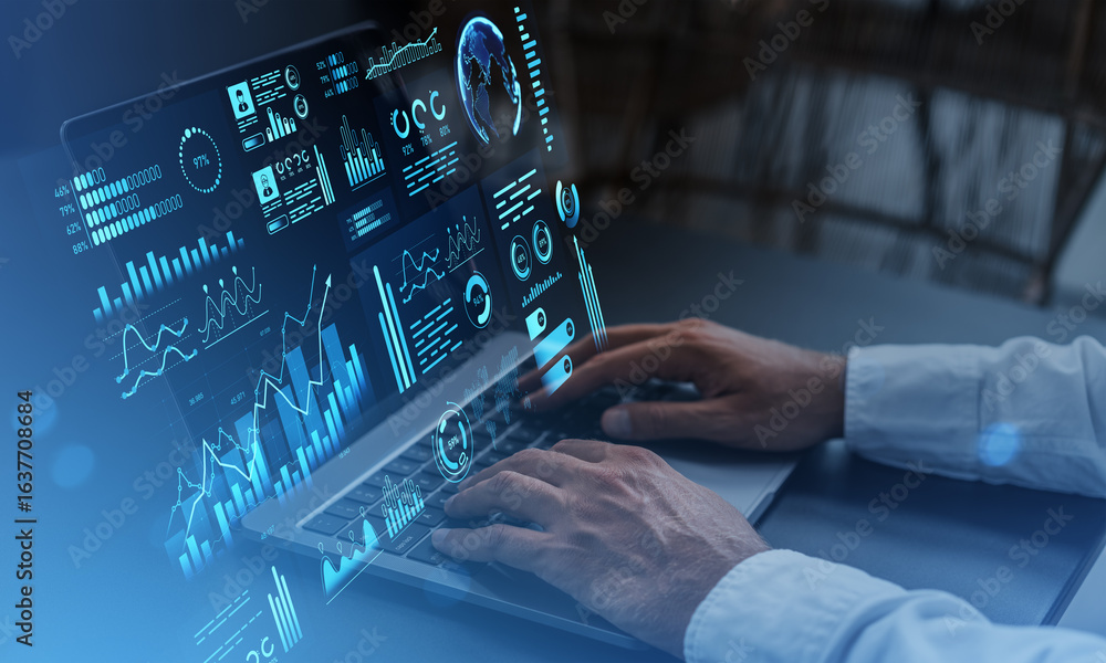 Poster businessman analyzing data dashboard on laptop with futuristic interface.