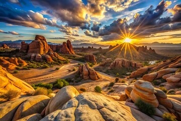 A vibrant desert landscape featuring sandstone formations under a dramatic sunset sky with sun rays shining through