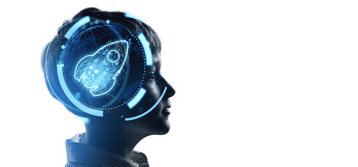 Futuristic concept of a boy imagining science and engineering in