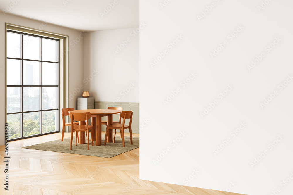 Poster modern dining room with large window and empty white wall for poster or artwork mockup display in br