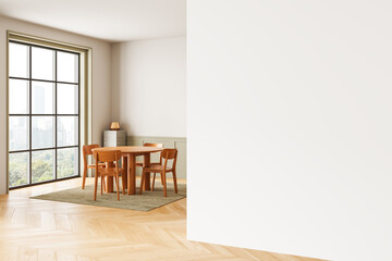 Modern dining room with large window and empty white wall for poster or artwork mockup display in...