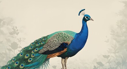 Majestic Peacock Displaying Vibrant Iridescent Plumage with Elegant Tail Feathers in a Classic Natural Illustration Style, Capturing Grace and Beauty.