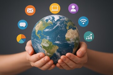 Global communication and connectivity concept, hands holding world globe with internet connection symbols floating around, gray background