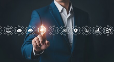 Businessman Touching AI Icon: Artificial Intelligence, Machine Learning, and Future Technology Business Solutions