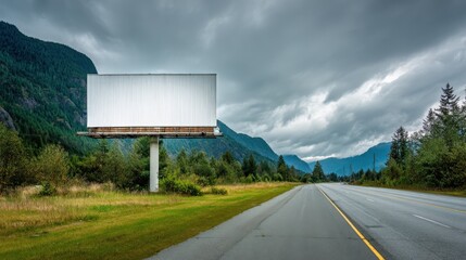 Blank Billboard on Highway Against Mountainous Landscape, Ready for Advertising or Marketing Campaign