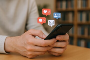 Man using smartphone with social media notification icons, representing connectivity, engagement, and digital lifestyle