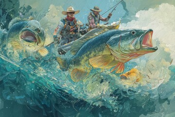 Fototapeta premium Fishing expedition with anglers battling giant fish in a vibrant water scene at midday