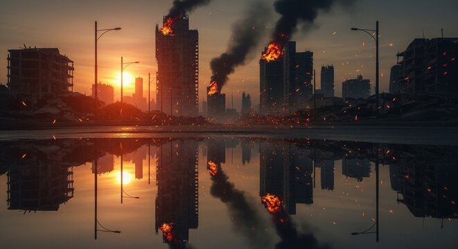 digital art, concept illustration, cinematic scene, dramatic cityscape, environmental concept art, Burning City at Sunset - Powered by Adobe