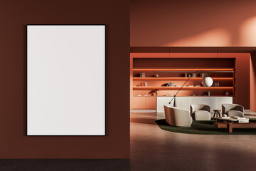 Blank framed poster mockup on dark red wall in modern interior with stylish open lounge and...