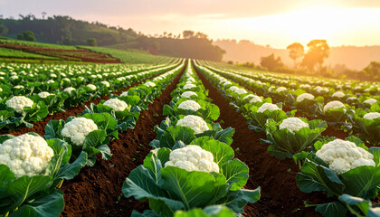 Beautiful landscape of cauliflower fields at sunset, showcasing rows of vibrant green leaves and white heads