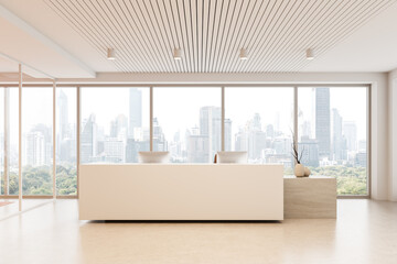 Modern office reception area with minimalist white desk, wood ceiling, and panoramic city view...