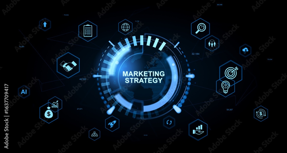 Poster marketing strategy concept with digital business icons and futuristic interface elements on dark bac