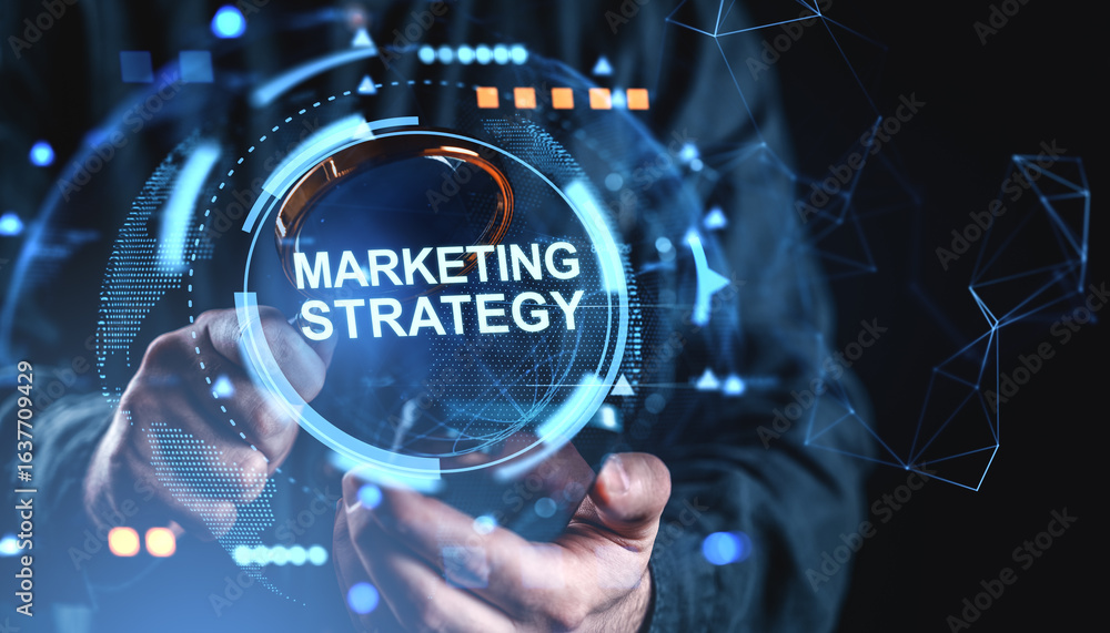 Poster futuristic digital interface showing marketing strategy concept held by a person in a suit surrounde