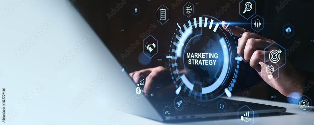 Poster digital marketing strategy concept with futuristic interface and business icons on transparent scree