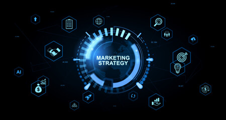 Marketing strategy concept with digital business icons and futuristic interface elements on dark background representing growth and planning process. 3D Rendering