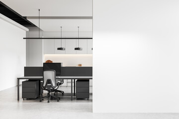 Minimalist office interior with modern furniture and large empty white wall for poster or banner...