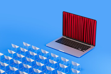 Online performance or virtual event concept with laptop screen as stage and audience chairs on blue...