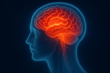Illustration of the glowing brain with active neural pathways, radiating energy oncology medical background