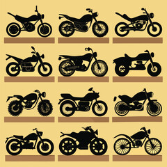 A comprehensive vector set of motorcycle icons, silhouettes, and illustrations for various sports, transport, and extreme racing themes