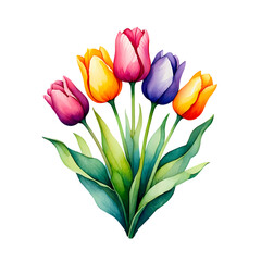 Naklejka premium Watercolor Painting of Five Tulips in Various Colors