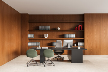 Modern executive office interior with minimalist wood wall design, contemporary furniture, and organized workplace concept for productivity and style. 3D Rendering