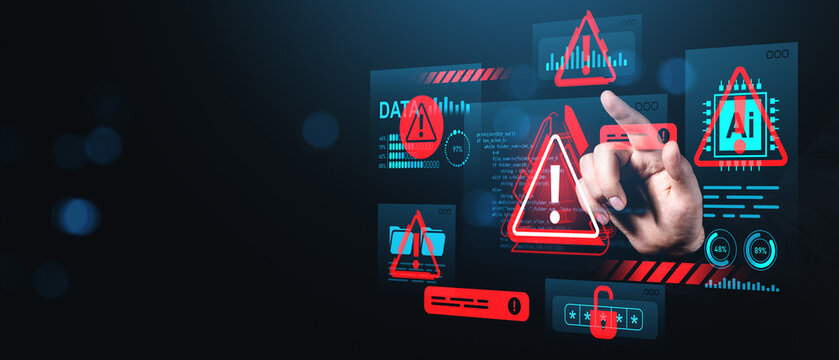 Cybersecurity alert interface with hand interacting with digital warning symbols and data threat indicators on futuristic screen concept.