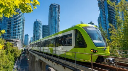 Naklejka premium Modern Green Transit Train on Elevated Tracks in Urban Setting with Skyscrapers on Sunny Day