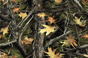 An ultra-realistic photograph of a camouflage pattern with tree trunks and leaves, on a green-colored background, in high resolution and with high levels