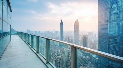 Fototapeta premium Modern Cityscape View from High-Rise Balcony: Urban Architecture and Skyline at Sunset or Sunrise
