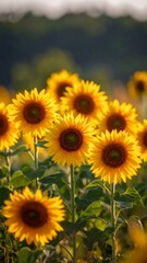 Obraz premium Vibrant sunflowers in a field, bathed in soft sunlight, creating a warm and cheerful scene