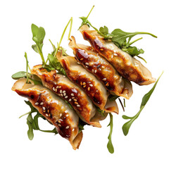 Delicious Pan-Fried Dumplings with Sesame and Greens on a White Background on transparent background