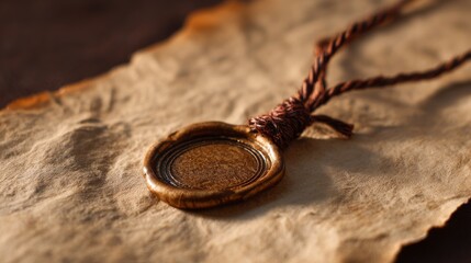 A wax seal with intricate design rests on aged parchment, illuminated by warm light,