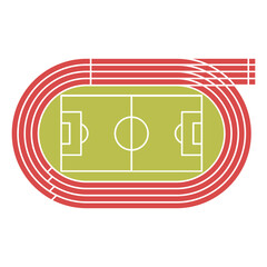 Run track with football stadium. Field for soccer and runner arena with tracks. Top view on sport or athletic arena. Racetrack with line, 8 pathways, start and finish. Vector illustration olympic game